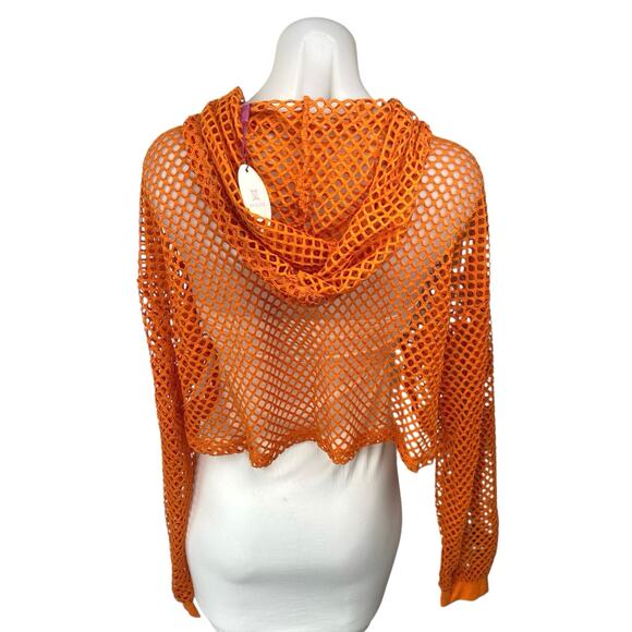 NEW Avidlove Women's Orange Mesh Fishnet Long Sleeve Hooded Hoodie Crop Top XL - Picture 2 of 5